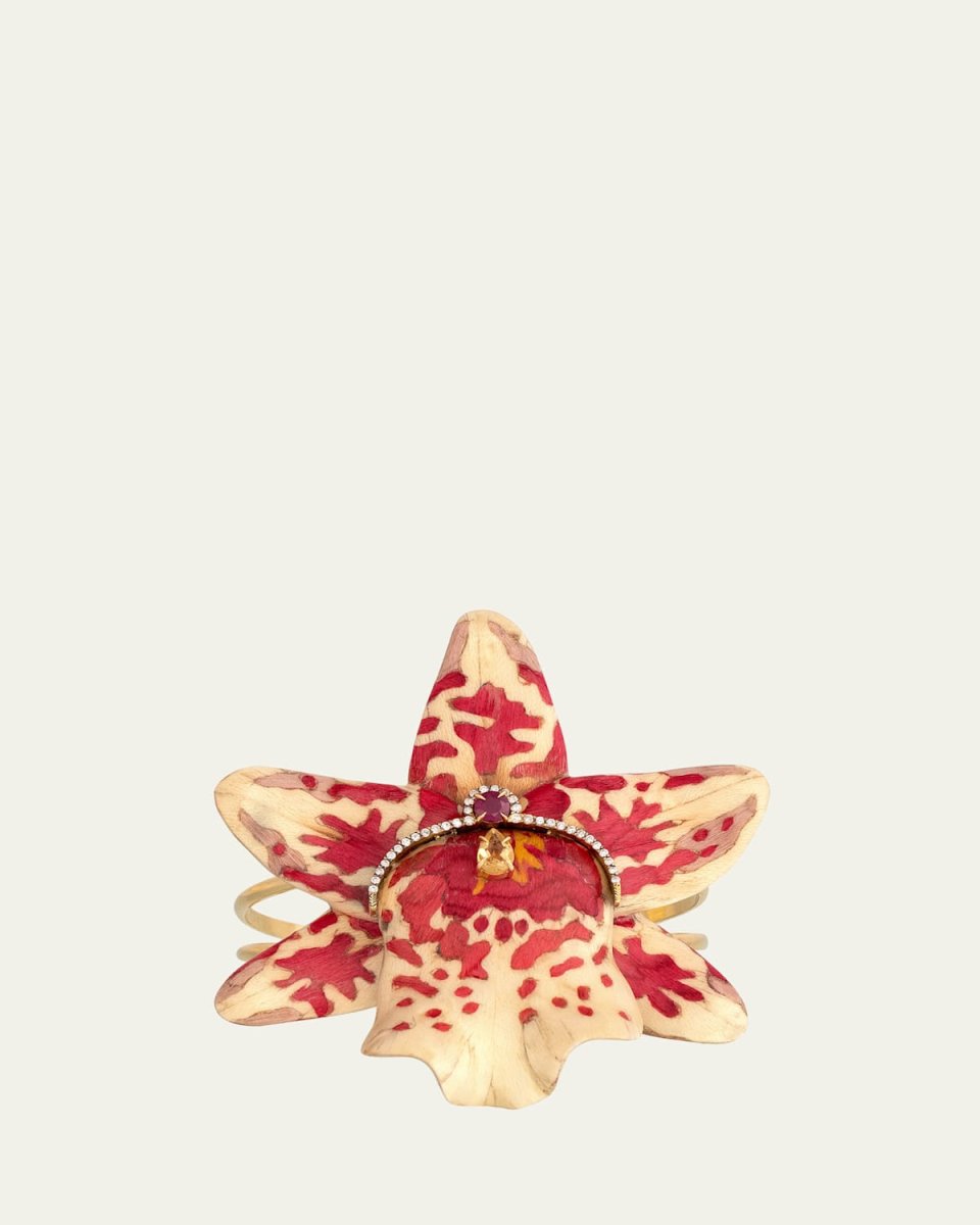 18K Yellow Gold White and Pink Marquetry Orchid Bracelet with Diamonds, Ruby and Pink Tourmaline
